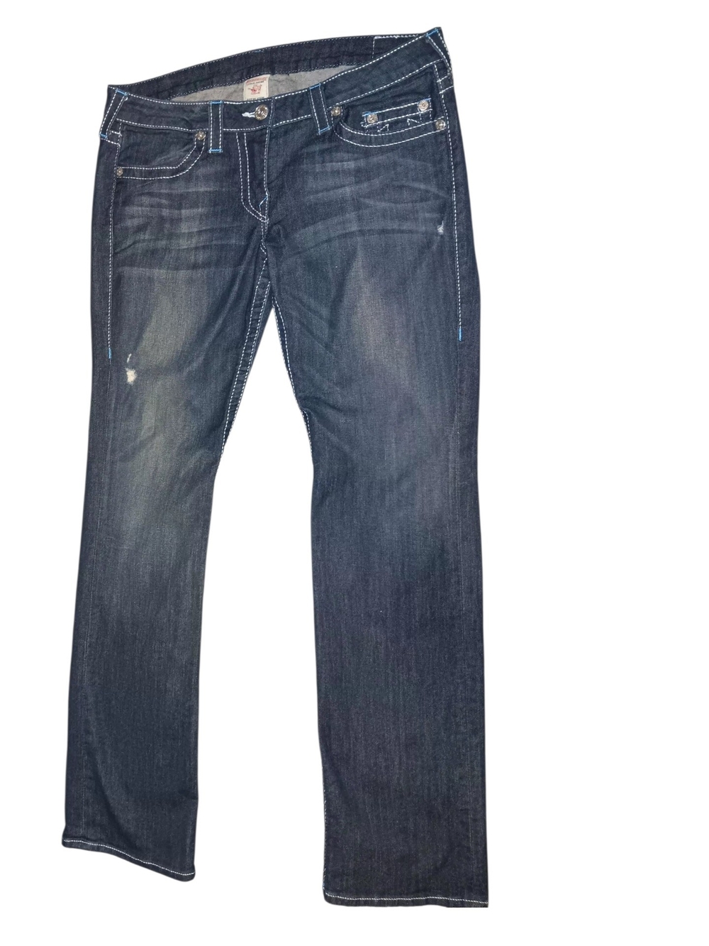 True Religion Women's Dark Indigo Bootcut Jeans with Light Blue Embroidery - Picture 2 of 7